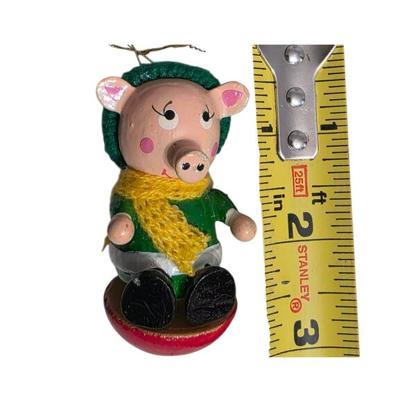 Vintage Wooden Pig Christmas Ornament Knit Hat Scarf Sled Kitsch Piglet Piggy 3" - Picture 7 of 8